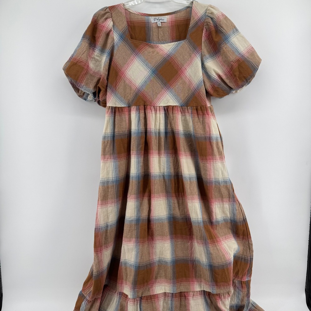 Polagram Plaid Dress Womens M Brown Pink Puff Sleeve Tiered Midi Square Neck - Picture 1 of 13
